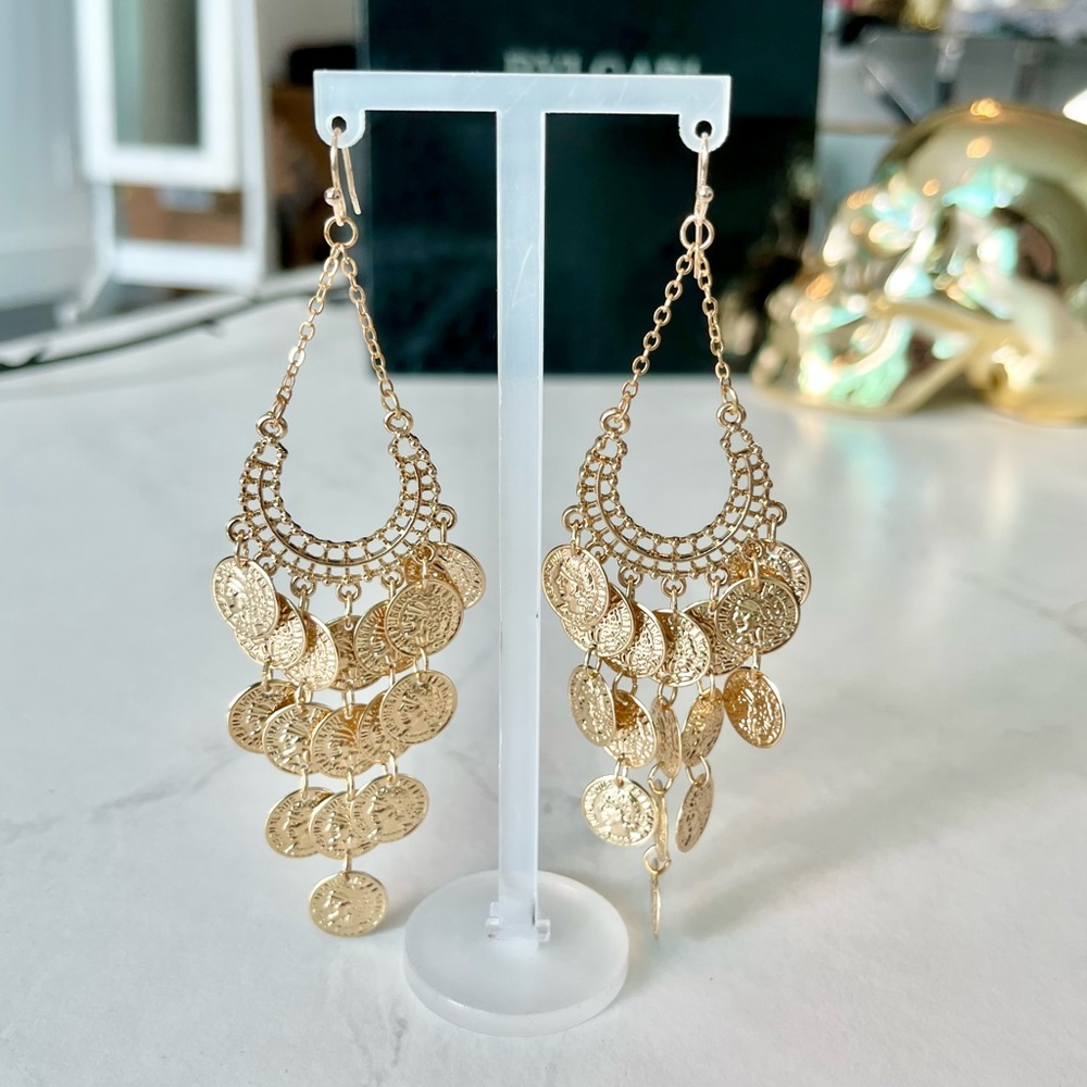 Long Tassel Gold Coin Earrings